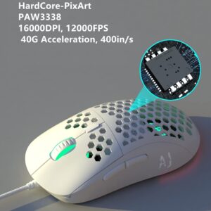 FIRSTBLOOD ONLY GAME. AJ380 69g Lightweight Gaming Mouse with Honeycomb Shell, RGB Backlit, 16000 DPI PixArt 3338 Sensor, Programmable 6 Buttons, White