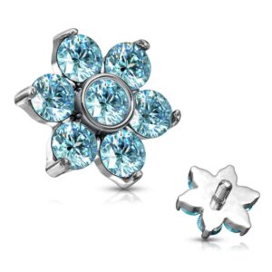 Pierced Owl Set of 4 Stainless Steel Prong Set Crystal Flower Internally Threaded Dermal Anchor Tops (16GA (1.2mm))