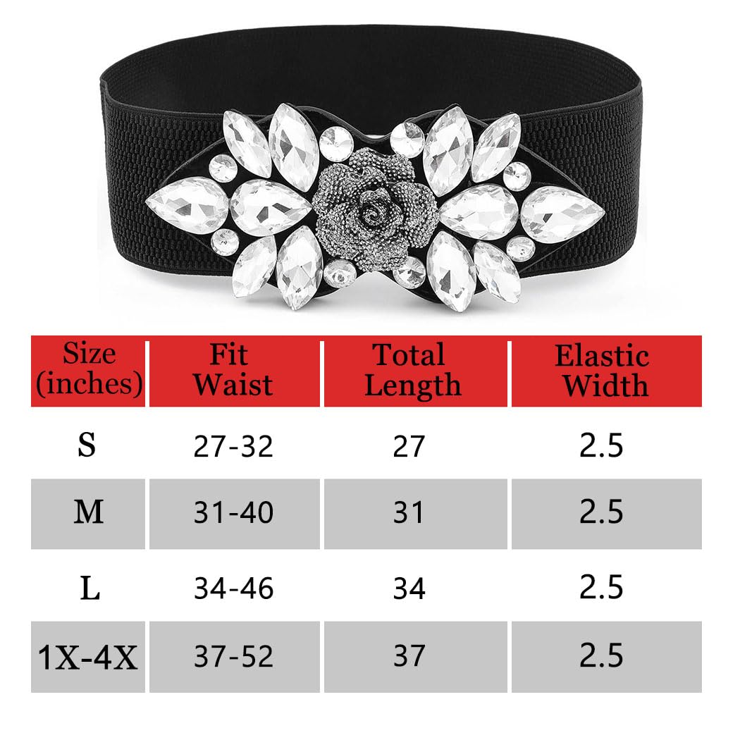 Wriidy Rhinestone Stretch Belt Wide Dressy Belt Women Elastic Crystal Belts Stylish Dress Waist Accessories for Girls (Black, Small)