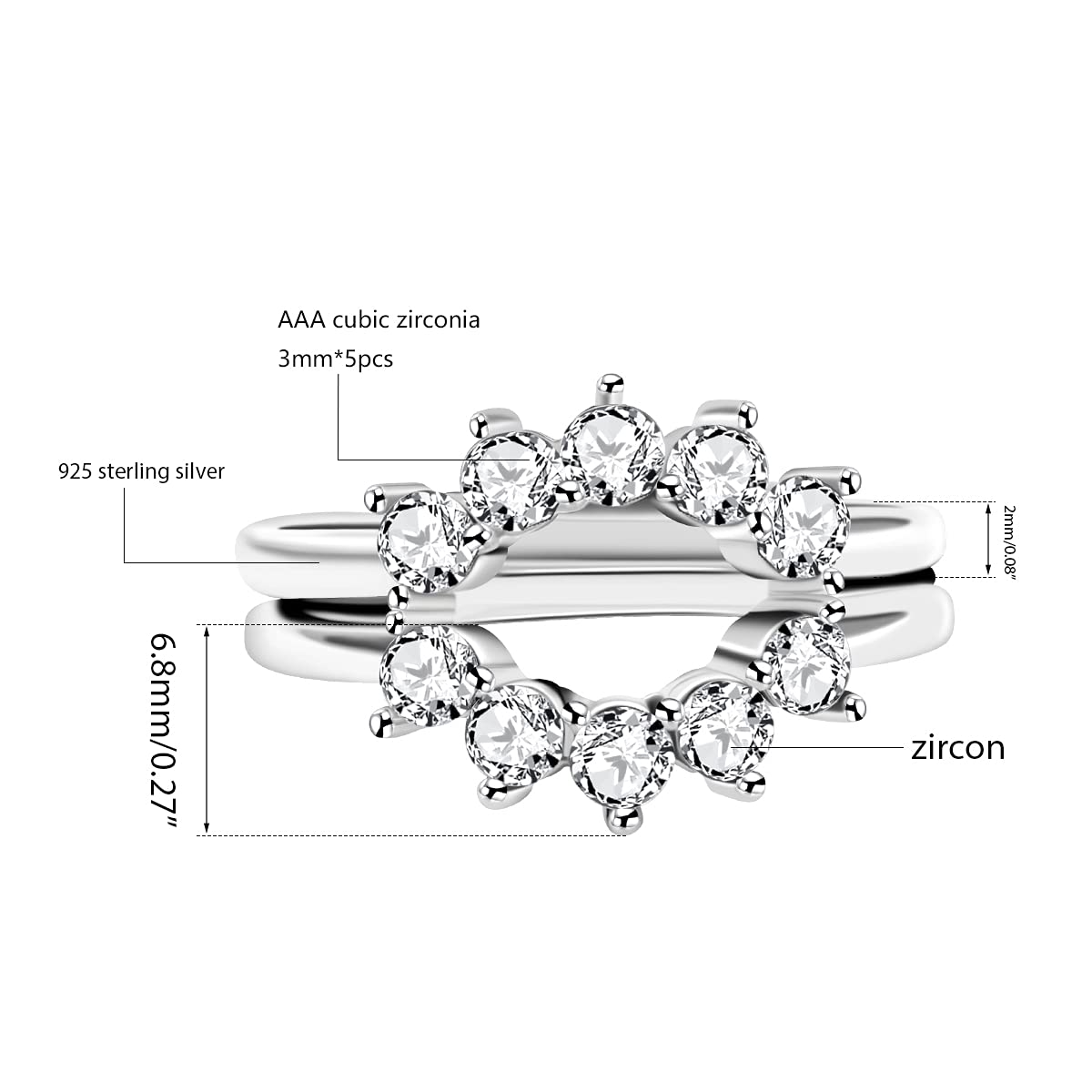 Uloveido Arched Wedding Ring Enhancer for Women Round Shaped CZ Cubic Zirconia Curved Stackable Engagement Rings Set of 2 for Her Size 9 Y1520