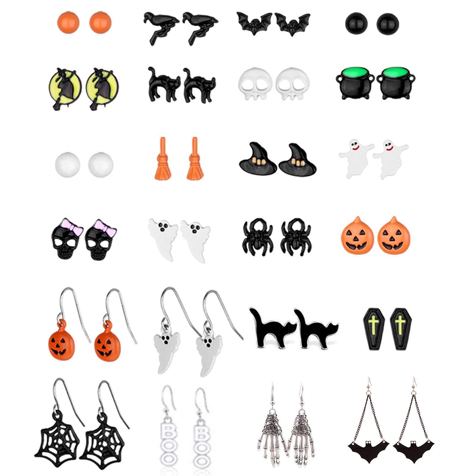 24 Pairs Halloween Stud Earrings Bat Cat Witch Earrings Set Spider Web Pumpkin Skull Drop earrings Jewelry for Women Halloween Outfit Costumes Accessories