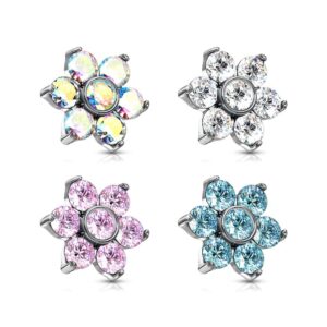 pierced owl set of 4 stainless steel prong set crystal flower internally threaded dermal anchor tops (16ga (1.2mm))