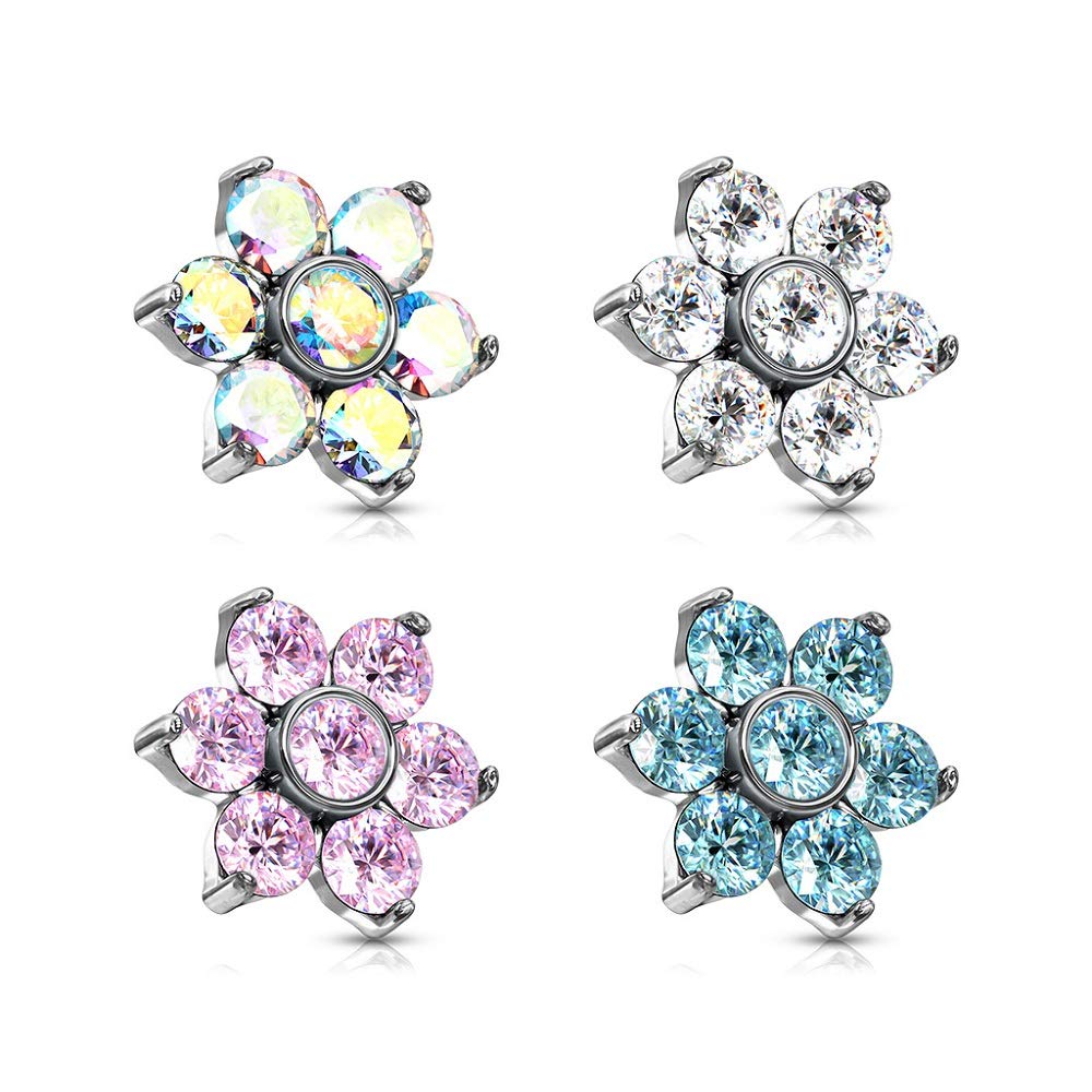 Pierced Owl Set of 4 Stainless Steel Prong Set Crystal Flower Internally Threaded Dermal Anchor Tops (16GA (1.2mm))