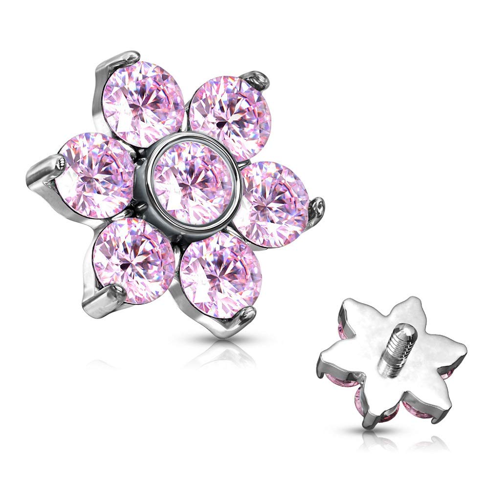 Pierced Owl Set of 4 Stainless Steel Prong Set Crystal Flower Internally Threaded Dermal Anchor Tops (16GA (1.2mm))