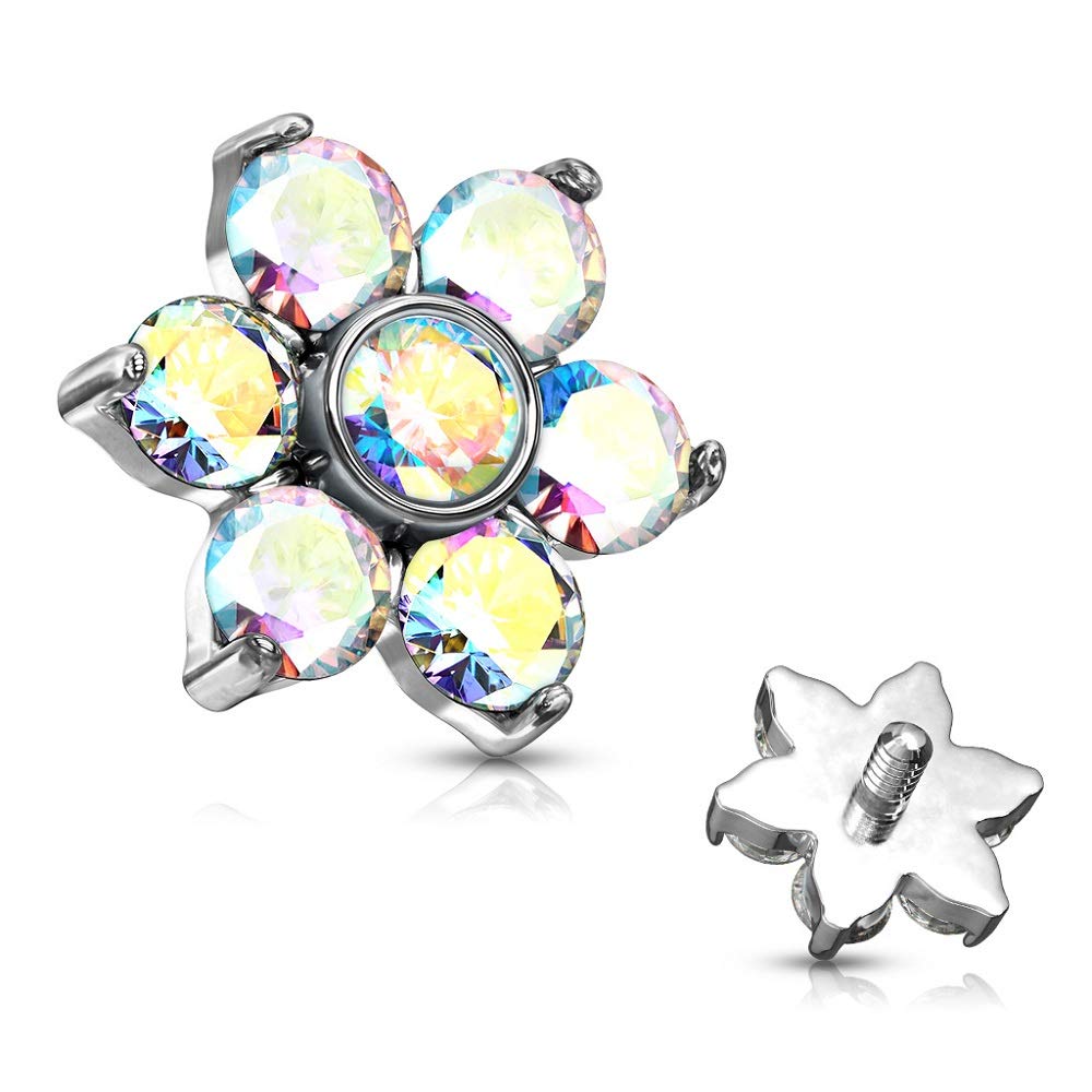 Pierced Owl Set of 4 Stainless Steel Prong Set Crystal Flower Internally Threaded Dermal Anchor Tops (16GA (1.2mm))