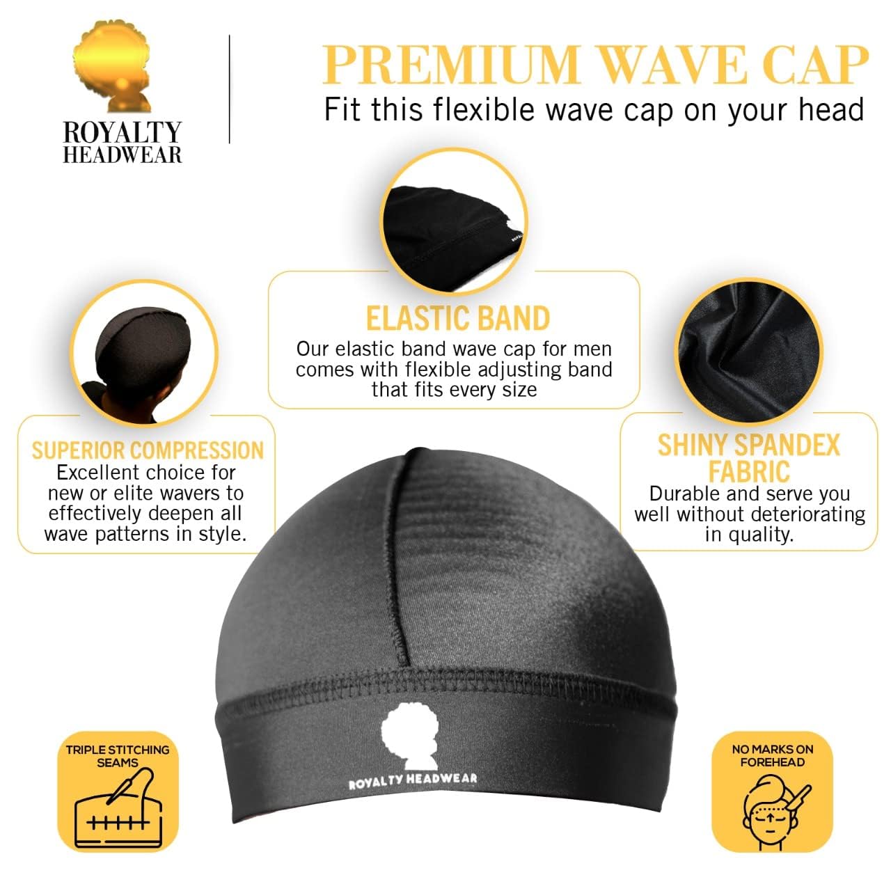 Royalty Headwear Premium Wave Cap, The Best Wave Cap for for 360, 540, and 720 Waves (Black)