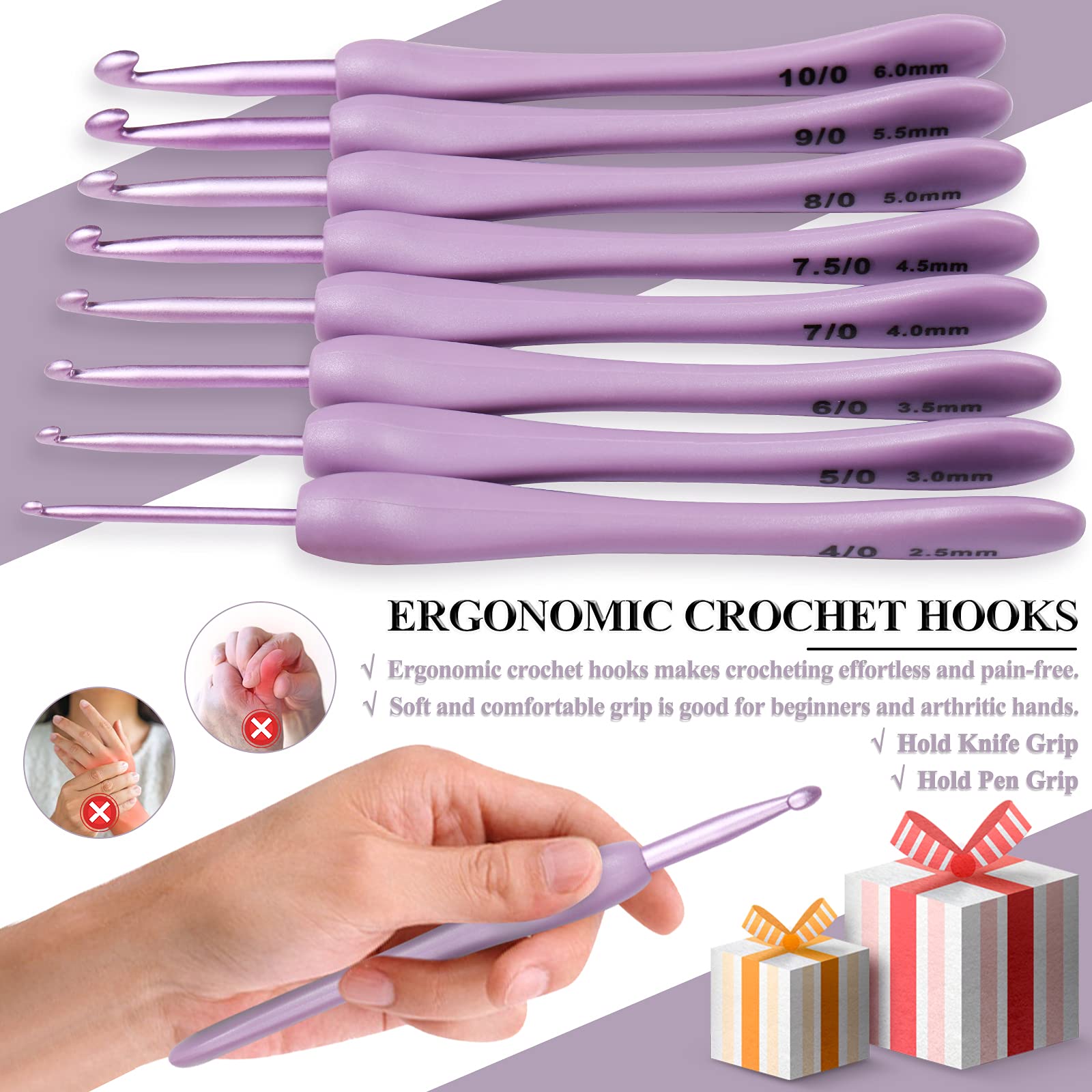 Coopay Purple Crochet Hooks Ergonomic Crochet Hook Set for Arthritic Hands, Lightweight Aluminum Crochet Needles for Crocheting Yarn, Knitting Hook Crochet Kit for Beginners Knitting Crochet Supplies