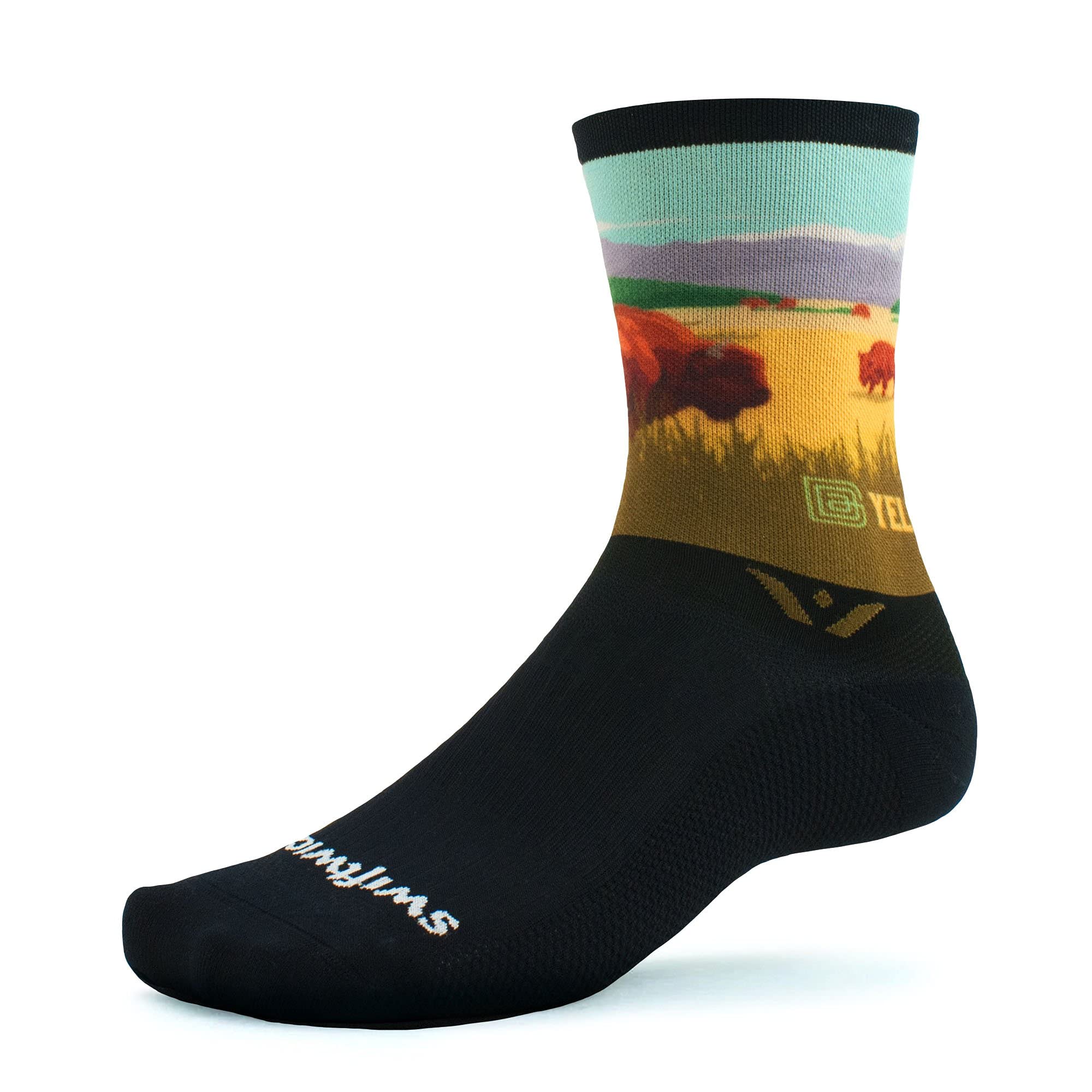 Swiftwick VISION SIX Impression, Parks Edition, Running and Cycling Socks (Yellowstone Bison, Medium)