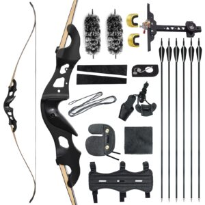 Black Hunter Recurve Bows Bow and Arrow for Adults Hunting Bow Archery Bow Longbow 60" 20-55 lbs Right Hand Aluminium Alloy Riser with Mixed Carbon Arrows for Outdoor Shooting Competition (50 lbs)