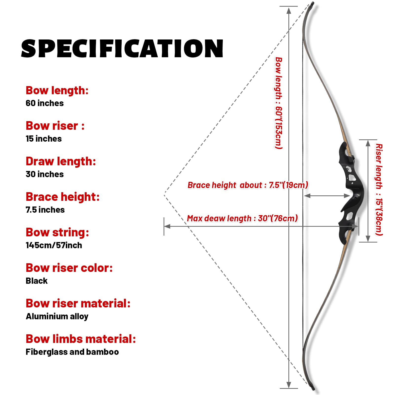 Black Hunter Recurve Bows Bow and Arrow for Adults Hunting Bow Archery Bow Longbow 60" 20-55 lbs Right Hand Aluminium Alloy Riser with Mixed Carbon Arrows for Outdoor Shooting Competition (50 lbs)