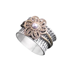 silver flower spinner ring, floral flower ring, silver band, fidget ring, stress ring (6)