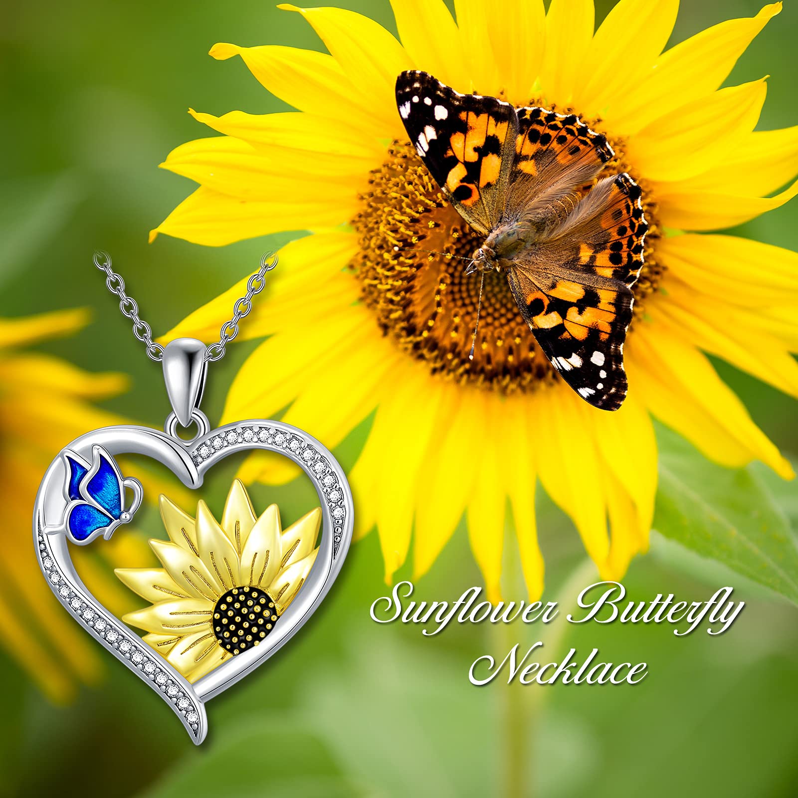 MBSUUH Sunflower Heart Necklace with Blue Butterfly Sterling Silver Sunflower Necklace for Women Teen Girls Mother's Day Jewelry Gifts