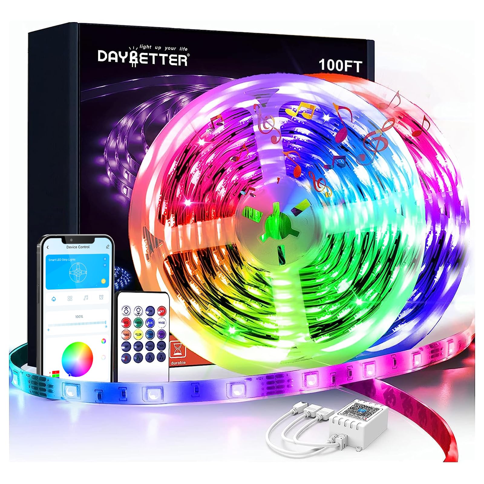 DAYBETTER Led Lights 100ft, 2 Rolls of 50ft Led Lights for Bedroom, Long Smart Led Strip Lights with Remote and App Control, Music Sync RGB Color Changing Led Light Strips for Room Decoration