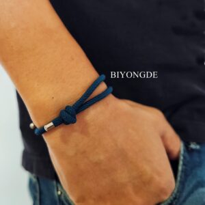 BIYONGDE Teal Blue Nautical Woven Friendship Rope Boho Bracelet Handmade Braided String Steel Charm Adjustable