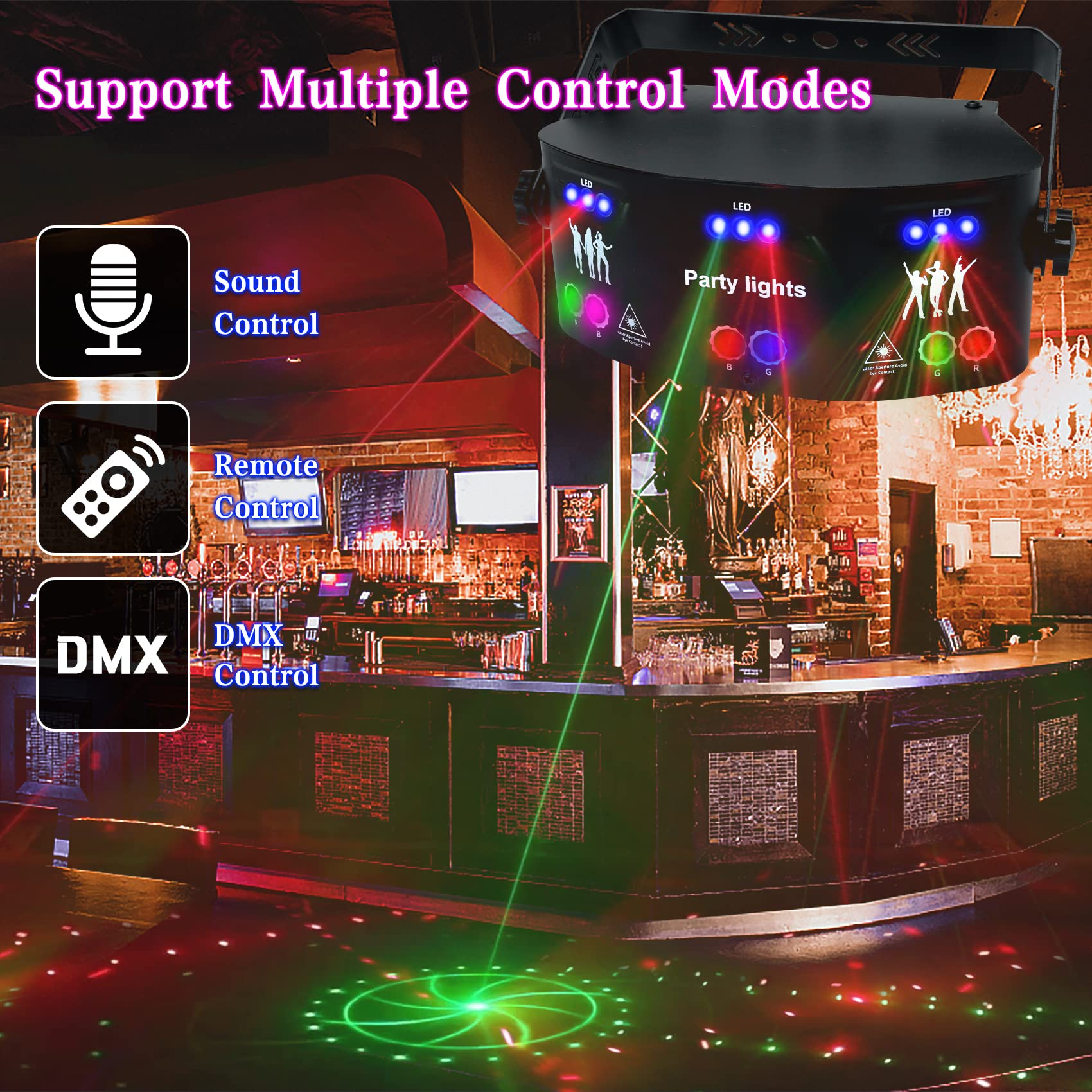 Party Lights, 15 Eyes RGB DJ Disco Lights, Strobe Stage Light Sound Activated LED Projector with Remote Control and 125 Projection Effects for Party Bar Christmas Birthday Wedding, DMX512 Control