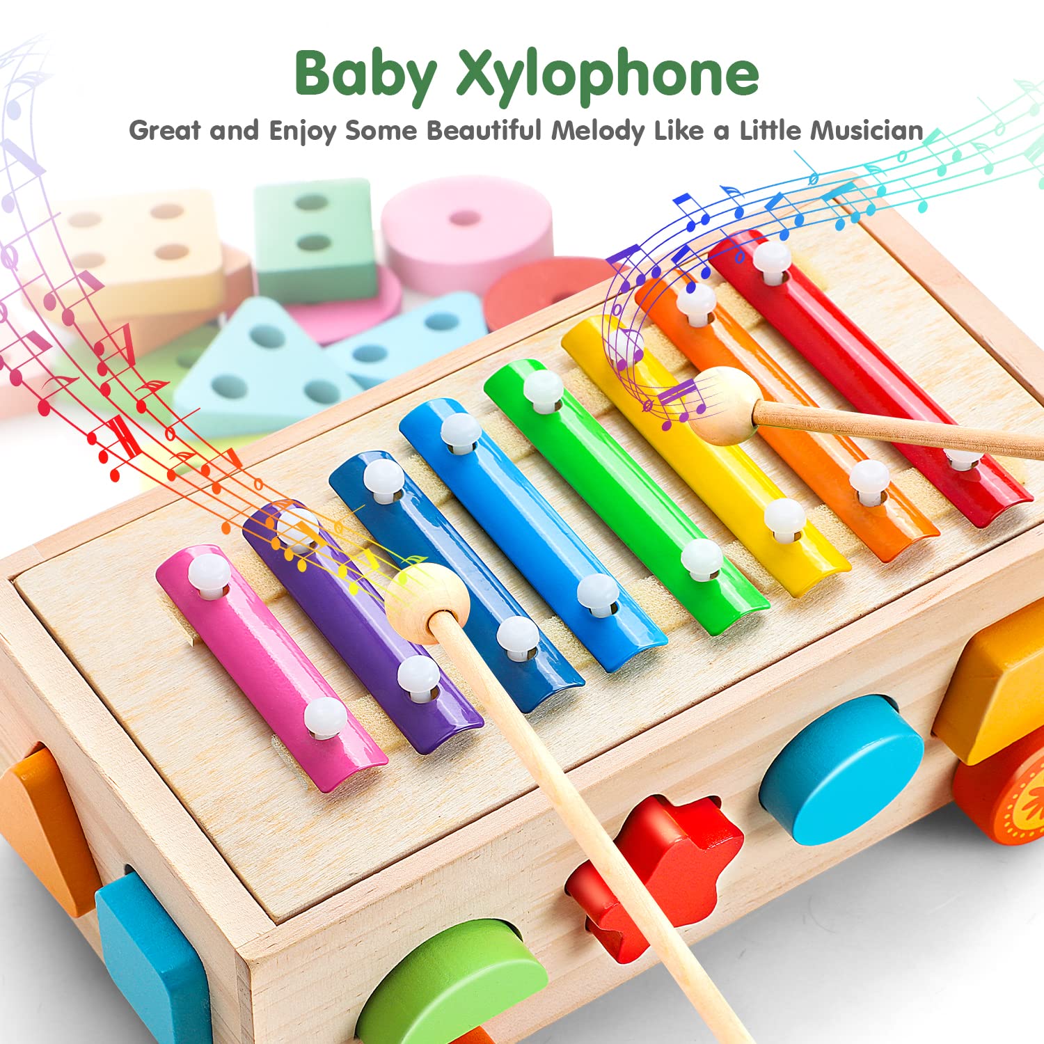 TOY Life 4 in 1 Baby Xylophone for Toddlers Wooden Hammering Pounding Toy Shape Sorter for Toddler Baby Toy 12-18 Month Sorting Toy Learning Block Sensory Wood Montessori Toys for 1 Year Old Gift