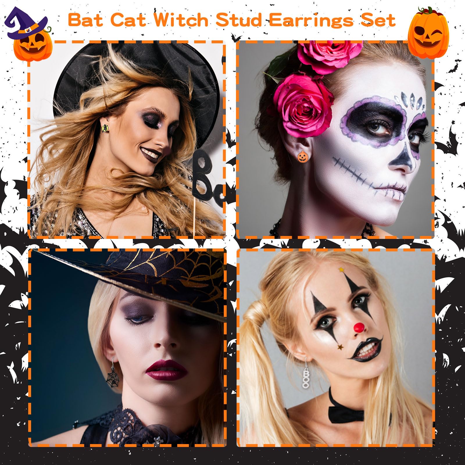 24 Pairs Halloween Stud Earrings Bat Cat Witch Earrings Set Spider Web Pumpkin Skull Drop earrings Jewelry for Women Halloween Outfit Costumes Accessories