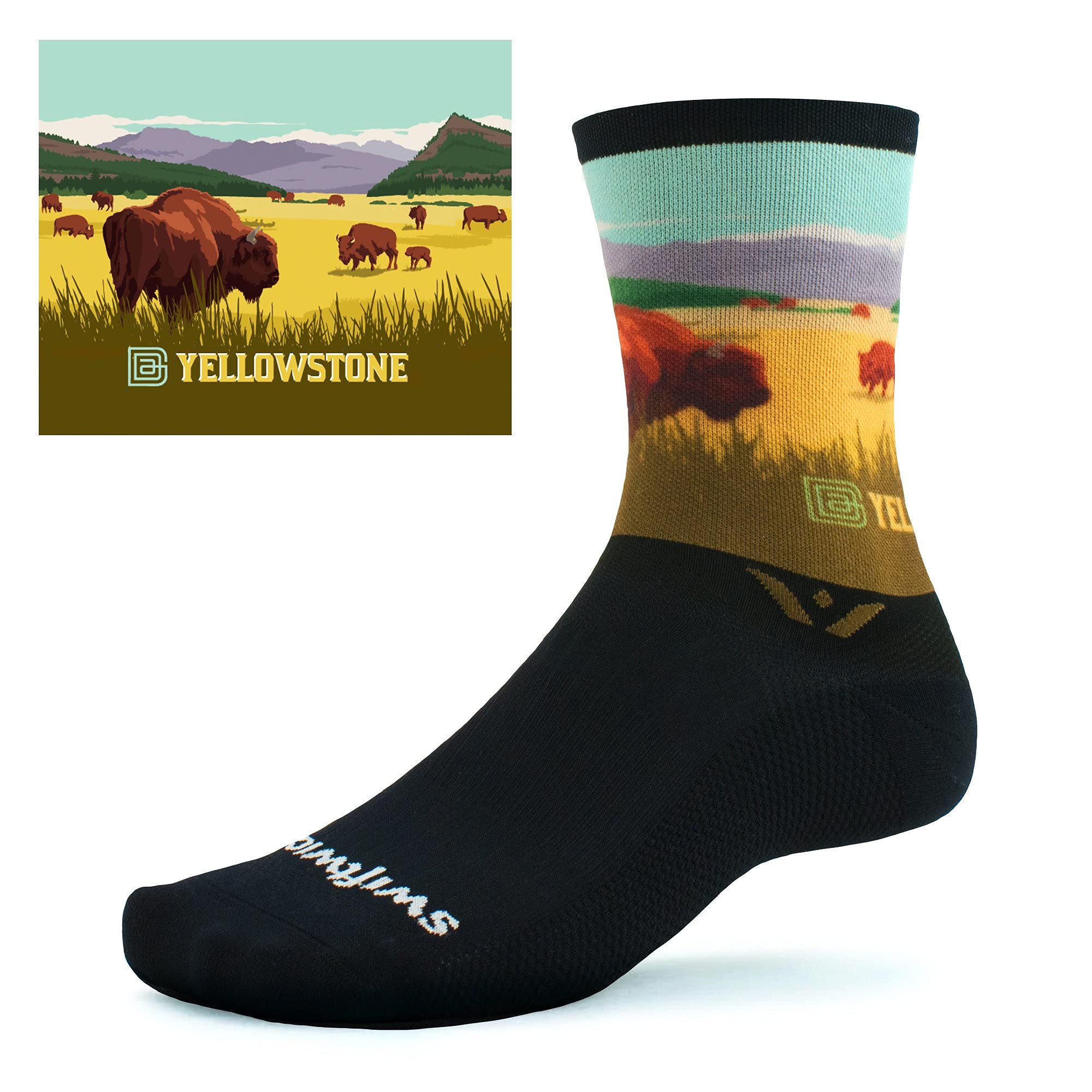 Swiftwick VISION SIX Impression, Parks Edition, Running and Cycling Socks (Yellowstone Bison, Medium)