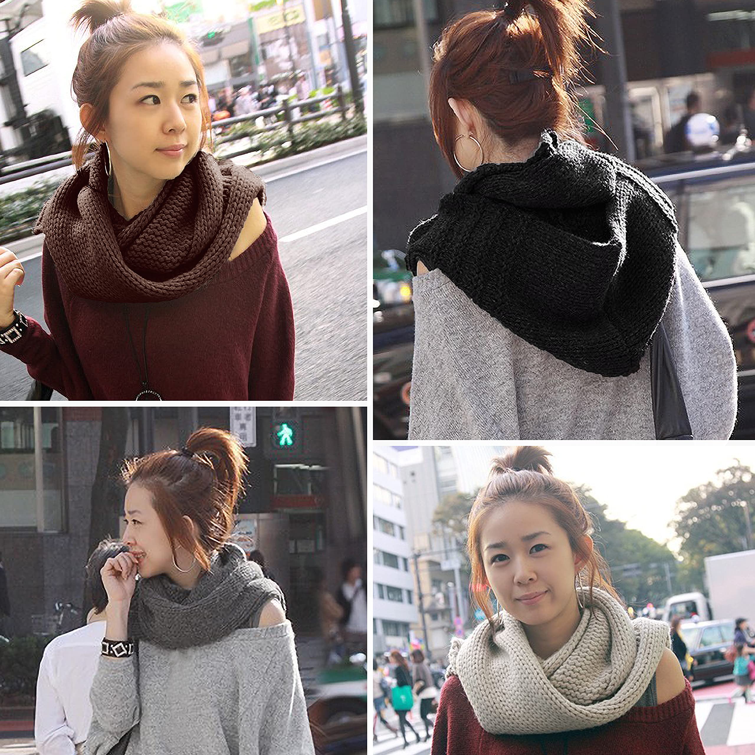 Winter Soft Pullover Knit Infinity Scarf Beanie Hoodie Scarf,Black