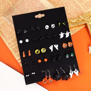 24 Pairs Halloween Stud Earrings Bat Cat Witch Earrings Set Spider Web Pumpkin Skull Drop earrings Jewelry for Women Halloween Outfit Costumes Accessories