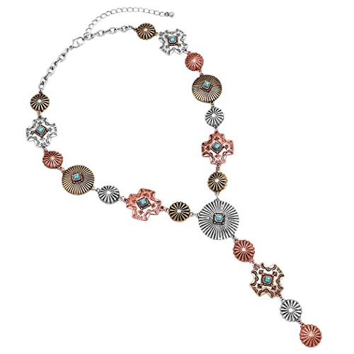 Rosemarie & Jubalee Women's Stunning Tri Toned Western Conchos With Semi Precious Turquoise Howlite Stone Y-Drop Collar Necklace, 17"+3" Extender