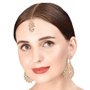 NEW! Touchstone Indian Bollywood Exotic Petals Studded Diamond Look Sparkling Rhinestone Designer Jewelry Chandelier Earrings Mangtika Head Accessory Combo In Gold Tone For Women.