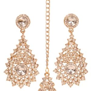 NEW! Touchstone Indian Bollywood Exotic Petals Studded Diamond Look Sparkling Rhinestone Designer Jewelry Chandelier Earrings Mangtika Head Accessory Combo In Gold Tone For Women.