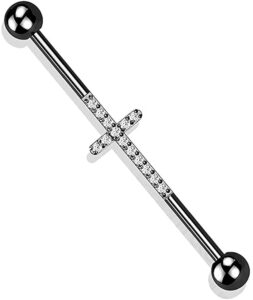 titanium industrial barbell with cross cnc set lined cz (black/clear)