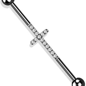 Titanium Industrial Barbell with Cross CNC Set Lined CZ (Black/Clear)