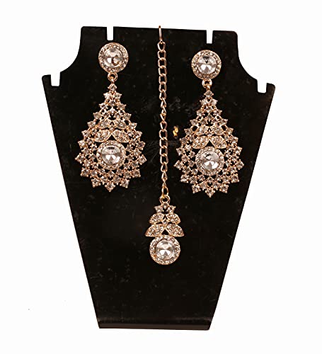 NEW! Touchstone Indian Bollywood Exotic Petals Studded Diamond Look Sparkling Rhinestone Designer Jewelry Chandelier Earrings Mangtika Head Accessory Combo In Gold Tone For Women.