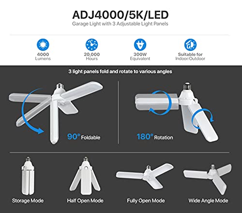 Feit Electric LED Garage Light, 3 Panel Adjustable Screw-in LED Shop Light Bulb, E26 Base, 4000 Lumens, Non-Dimmable, 5000k Daylight, Garage Ceiling Light, White, ADJ4000/5K/LED