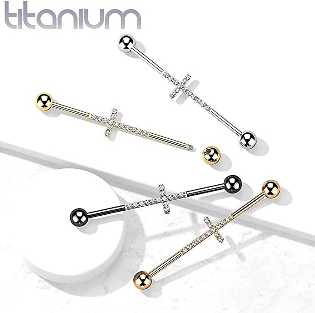 Titanium Industrial Barbell with Cross CNC Set Lined CZ (Black/Clear)