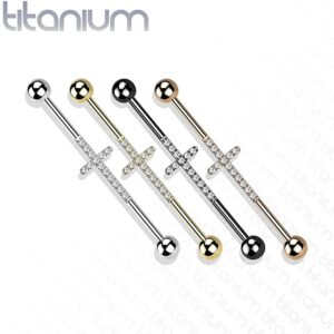 Titanium Industrial Barbell with Cross CNC Set Lined CZ (Black/Clear)