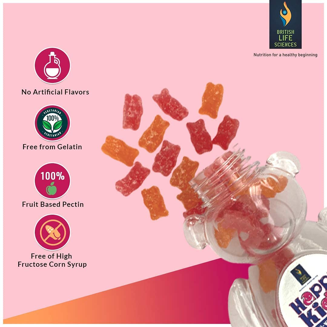 Organic Touch British Life Sciences Happi Kidz Multivitamin Gummies for Kids (60 Gummy Bears) with Vitamins and Minerals for Growth and Immunity, Orange & Strawberry Flavour