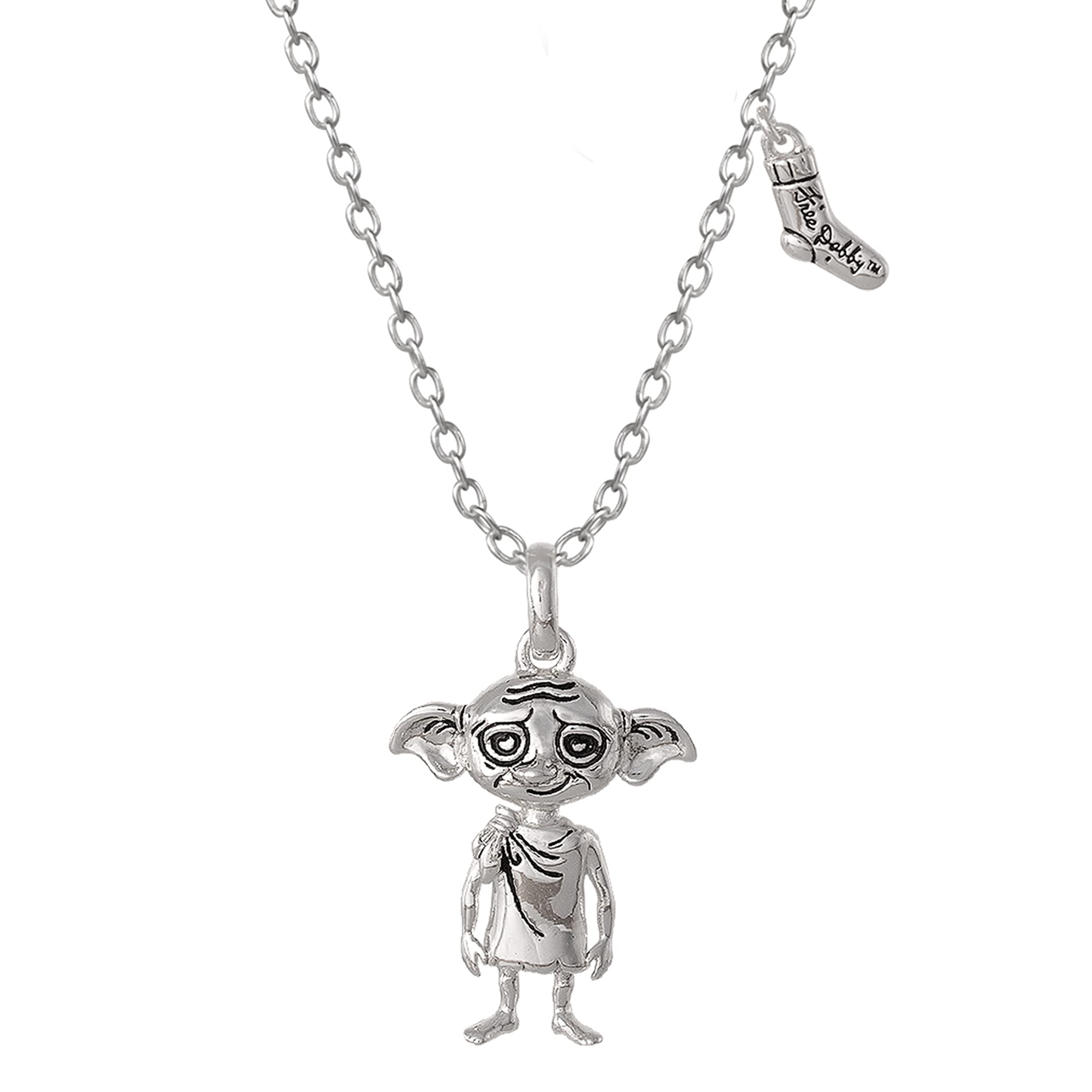 Harry Potter Dobby House Elf and Sock Necklace, Silver Plated, 18"