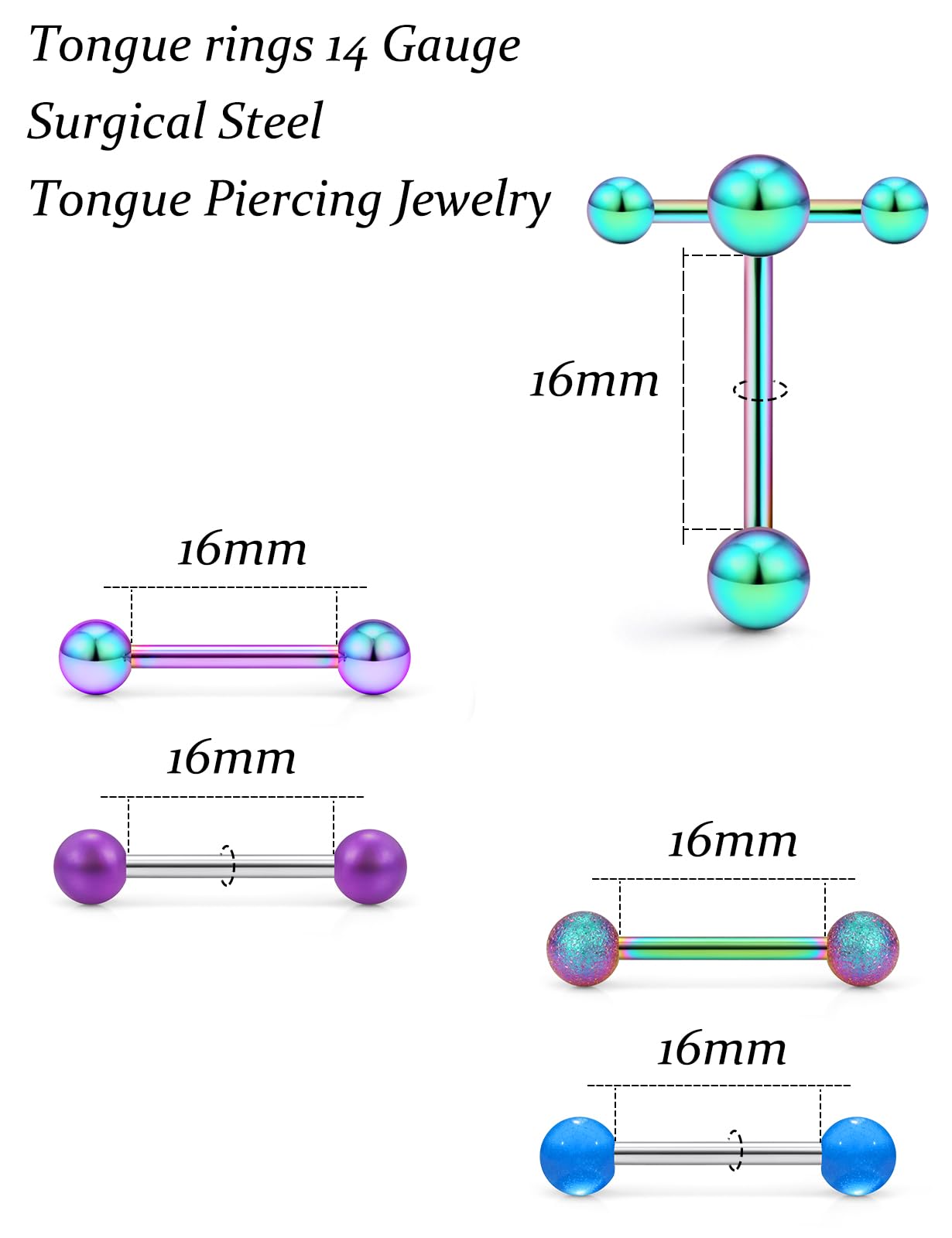 Ylqjksk Tongue Rings Surgical Steel 14G Tongue Piercing Jewelry Plastic Tongue Rings for Women Men Clear CZ Acrylic Skull Ghost Pill Glow Dark Flower T Shape Glitter Tongue Ring Rainbow 5/8inch 16MM