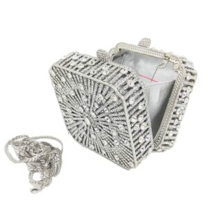 Cute Women Crystal Box Clutch Evening Bags Wedding Party Cocktail Rhinestone Handbags and Purses (Mini Square,Silver)