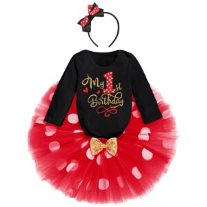 ibtom castle first 1st birthday outfit girl cake smash wild one bodysuit romper +sequin polka dots tulle tutu dress +headband one year old birthday party clothes black-my 1st birthday 1 year