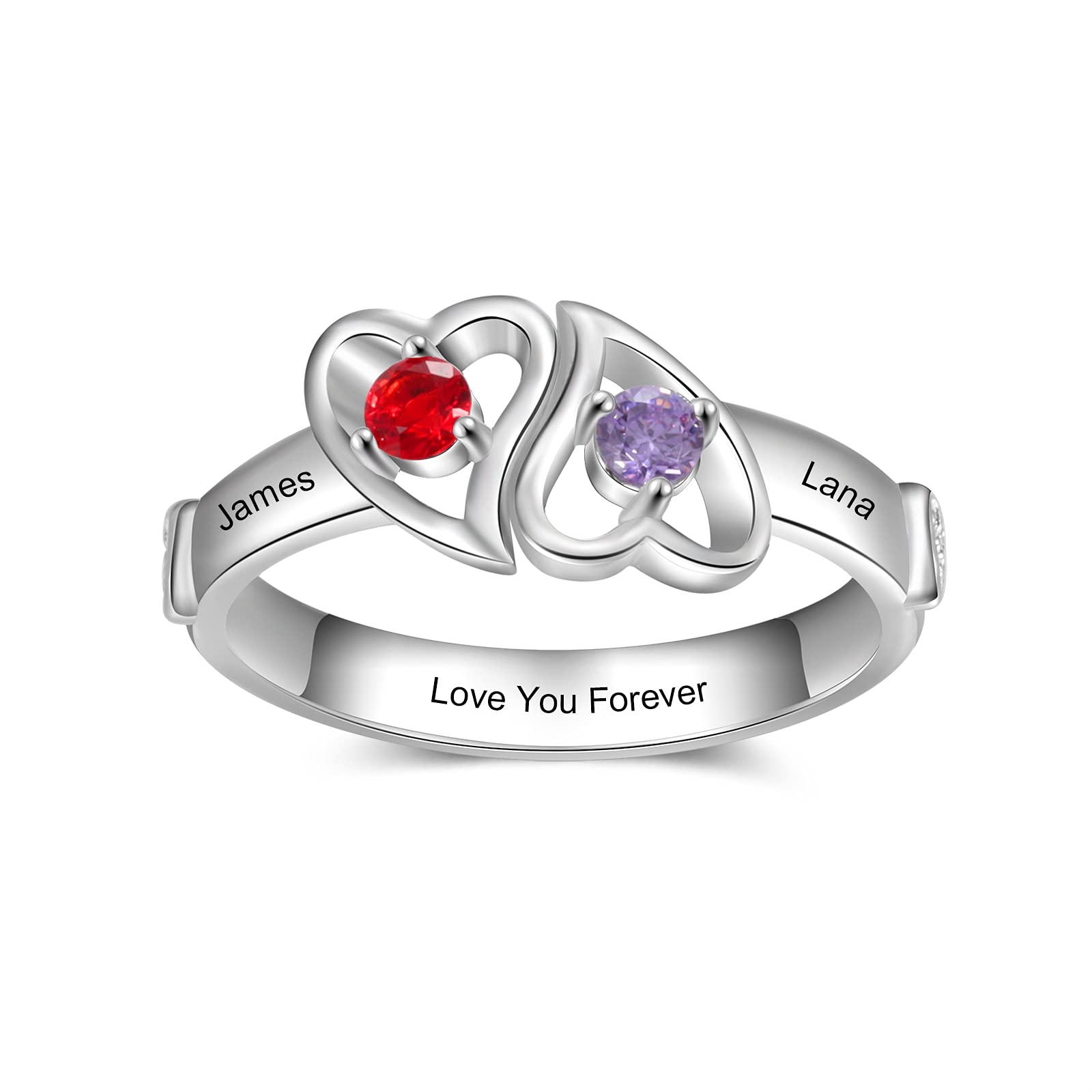 Zomodia Promise Rings for Her with 2 Simulated Birthstones Personalized Names Jewelry for Couples Women Engagement Heart Rings for Mother Daughter (9)