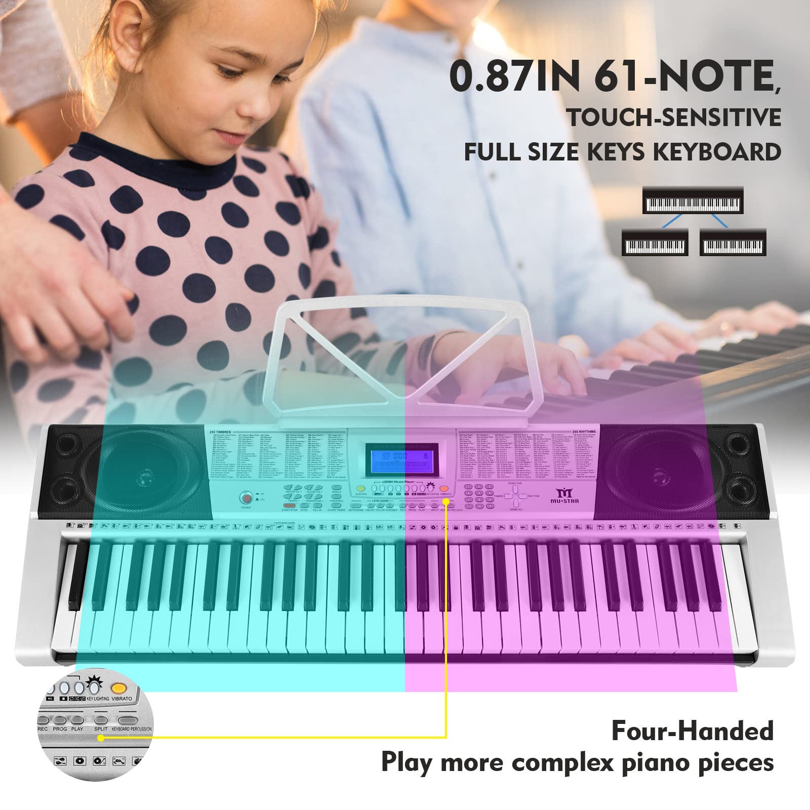 MUSTAR 61 Key Piano Keyboard, MEKS-400 Electric Piano Keyboard with Lighted Up Keys, Learning Keyboards Piano for Beginners, Piano Stand, LCD Screen, Headphones, Microphone, Kids Birthday Gifts