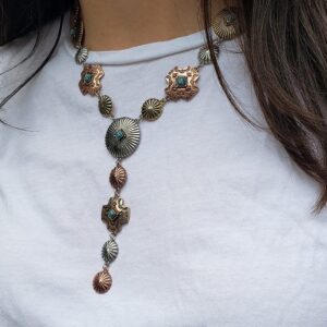 Rosemarie & Jubalee Women's Stunning Tri Toned Western Conchos With Semi Precious Turquoise Howlite Stone Y-Drop Collar Necklace, 17"+3" Extender