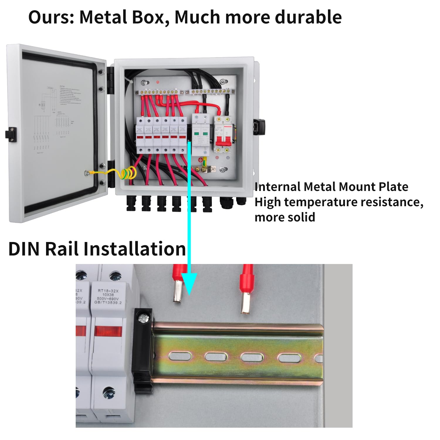 PowGrow PV Combiner Box, 6 String Solar Combiner Box with 15A Rated Current Fuse, Surge Protective Device and 63A Air Circuit Breaker for On/Off Grid Solar Panel System, Pre-Wired Cable, Metal Box