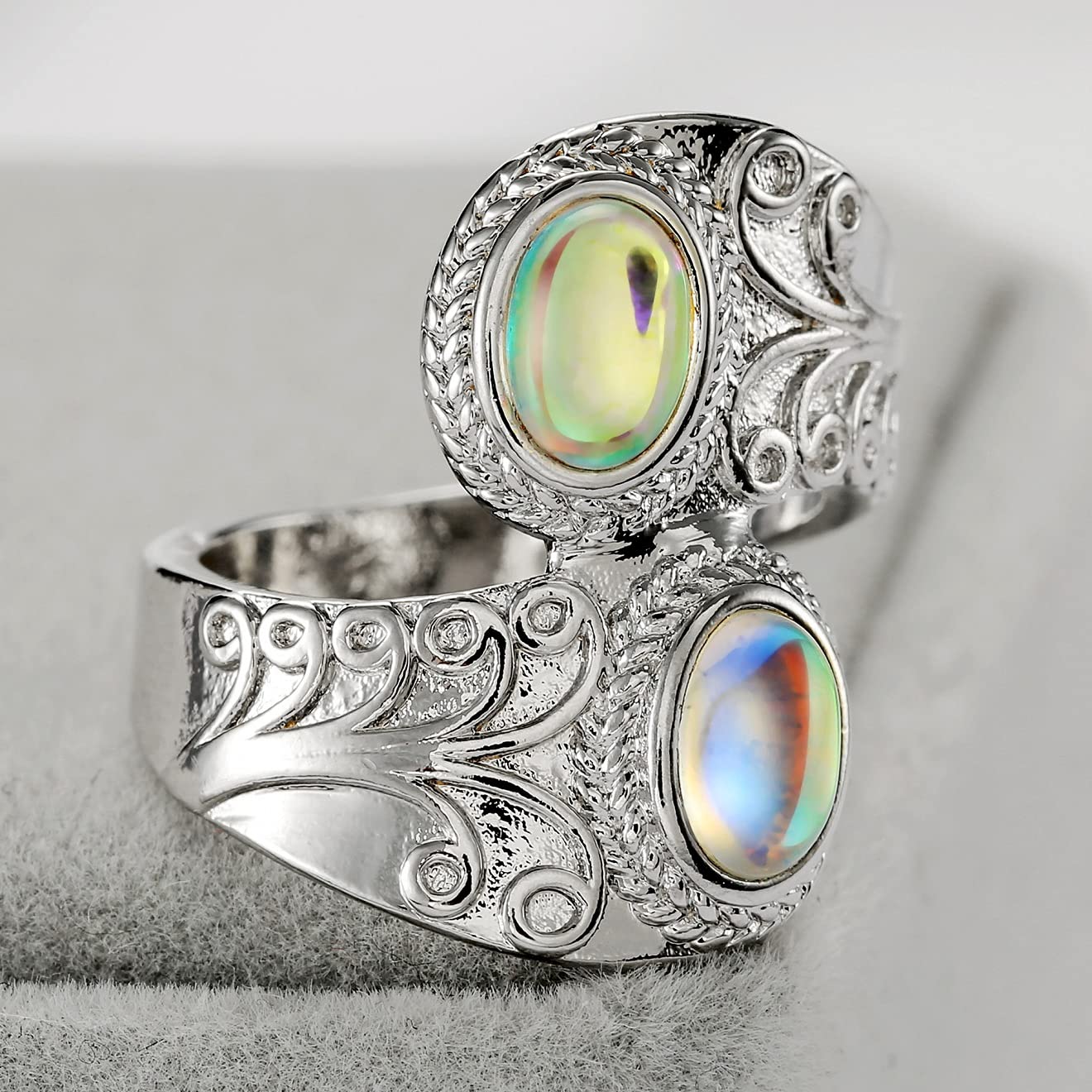 hsiyyecg Moonstone Ring Colorful Oval Retro Exaggerated Carved Punk Style Women's Boho Chic Art Deco Ring (US Size 9)