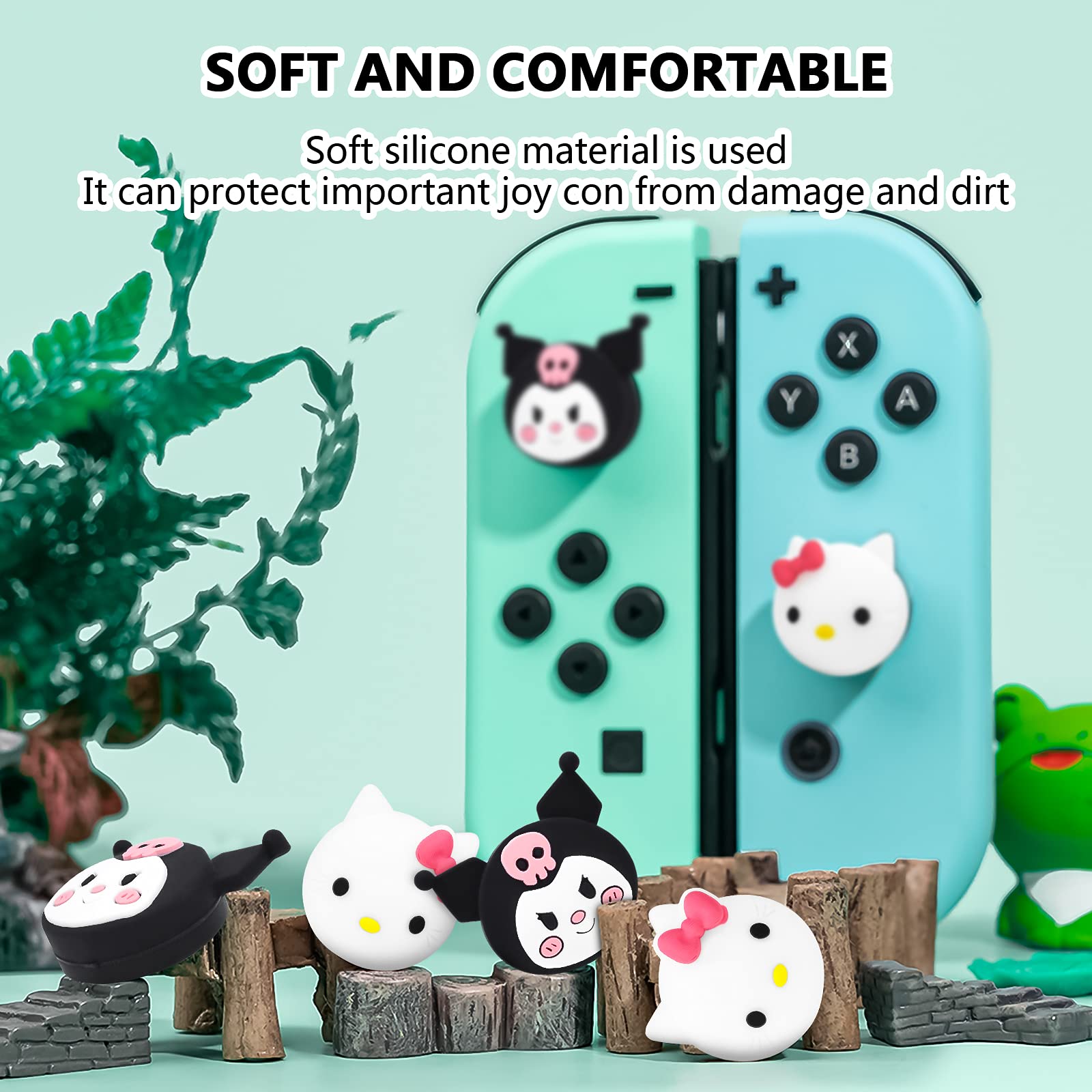 DLseego Thumb Grip Caps Compatible with Switch & Lite & OLED, Cute Joystick Caps Soft Silicone Protective Stick Cover 3D Analog 4PCS Grip Buttons for Joy Con Console Controller - Cute Kitty