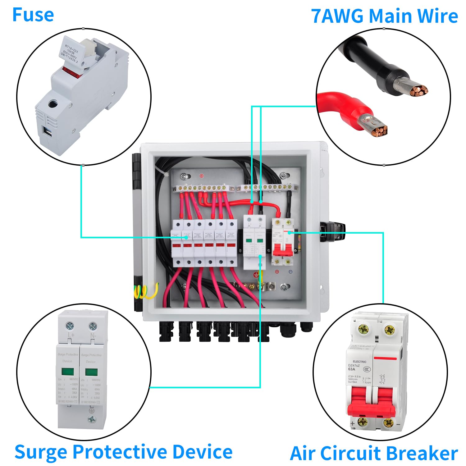 PowGrow PV Combiner Box, 6 String Solar Combiner Box with 15A Rated Current Fuse, Surge Protective Device and 63A Air Circuit Breaker for On/Off Grid Solar Panel System, Pre-Wired Cable, Metal Box