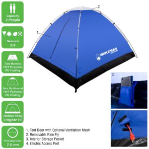 2 Person Camping Tent with Rain Fly and Carrying Bag - Water-Resistant Outdoor Tent for Backpacking, Hiking, or Festivals by Wakeman Outdoors (Blue)