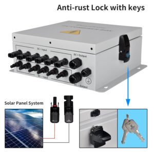 PowGrow PV Combiner Box, 6 String Solar Combiner Box with 15A Rated Current Fuse, Surge Protective Device and 63A Air Circuit Breaker for On/Off Grid Solar Panel System, Pre-Wired Cable, Metal Box