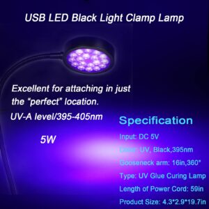 UV LED Black Light Clamp Light with USB, Upgraded 5W 395nm Portable Gooseneck Lamp with Clip for UV Gel Nail, Pet Urine Detection,UV Glue Curing, Blacklight Posters, Fluorescent Paint, Resin Art