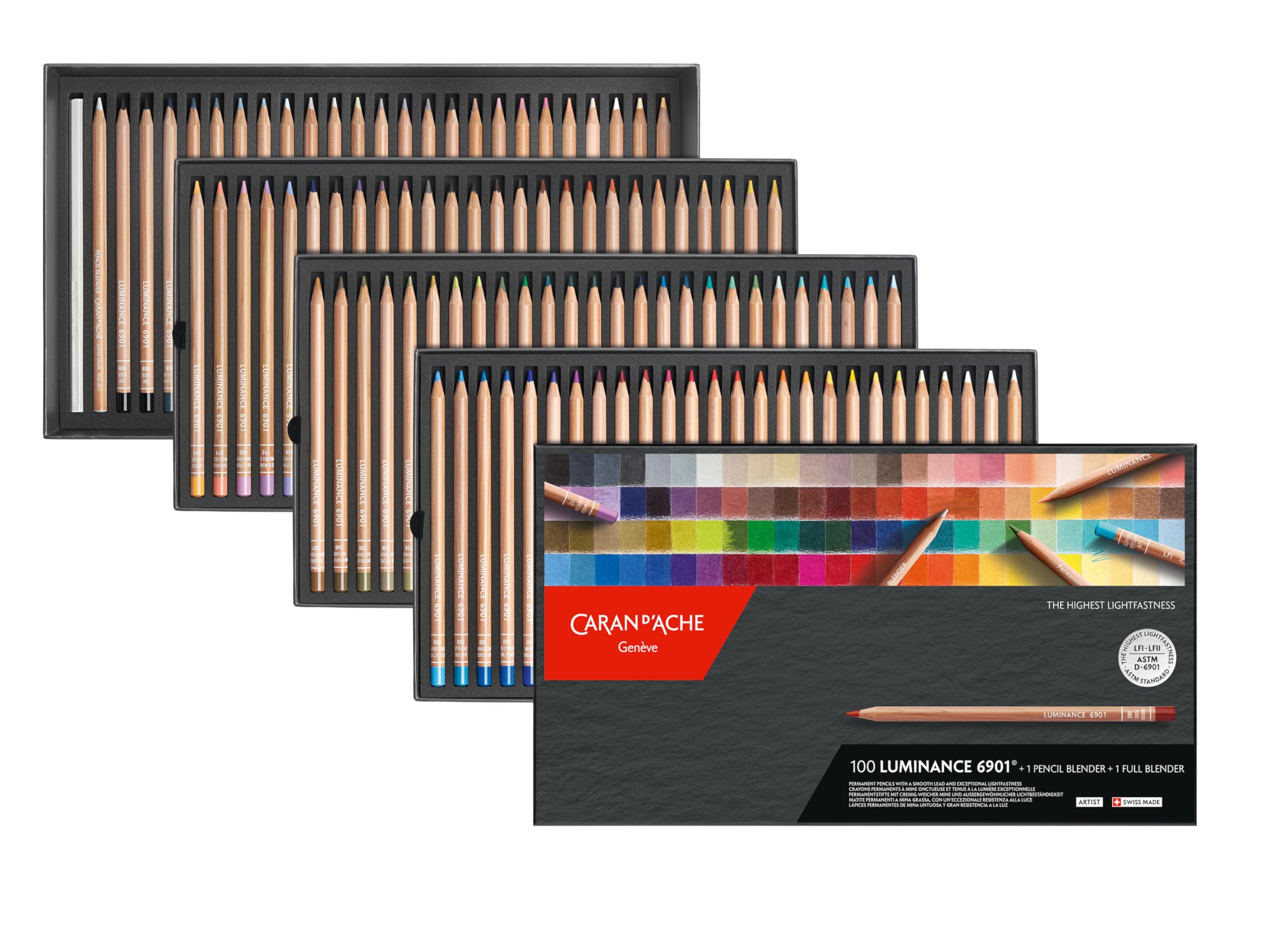 Caran d'Ache Luminance 6901 Box of 100 Individual Coloured, Artists, Colour Coded Pencils & 1 Full & 1 Pencil Blender