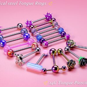 Ylqjksk Tongue Rings Surgical Steel 14G Tongue Piercing Jewelry Plastic Tongue Rings for Women Men Clear CZ Acrylic Skull Ghost Pill Glow Dark Flower T Shape Glitter Tongue Ring Rainbow 5/8inch 16MM